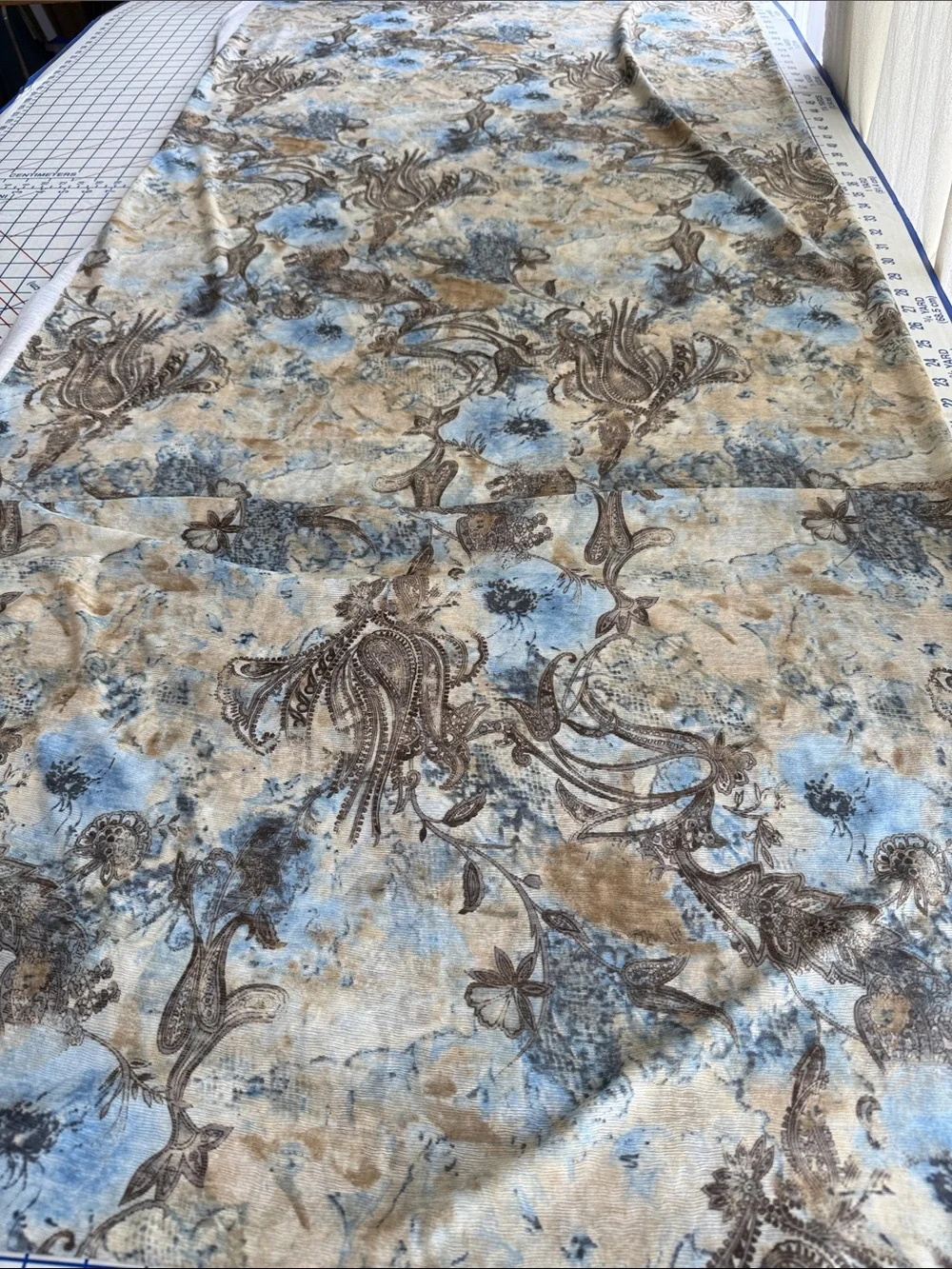 Textured Crepe Knit Fabric Blue Brown Paisley Boho 2.5 Yards x 58